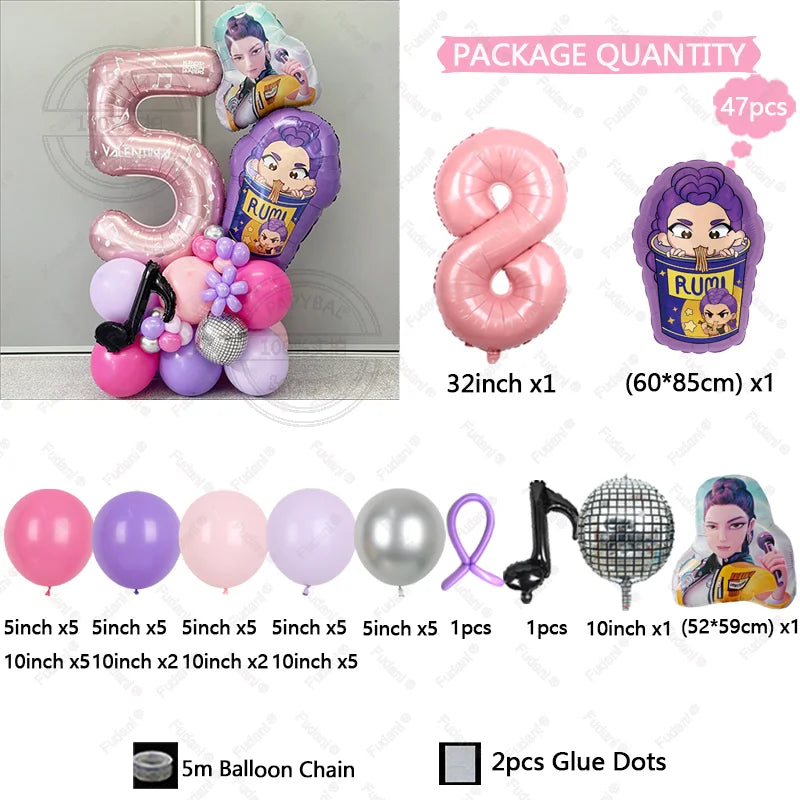 47Pcs Kpop Demon Hunters Theme Girl Birthday Balloon Decoration Number Ballons Party Supplies Baby Shower Gifts