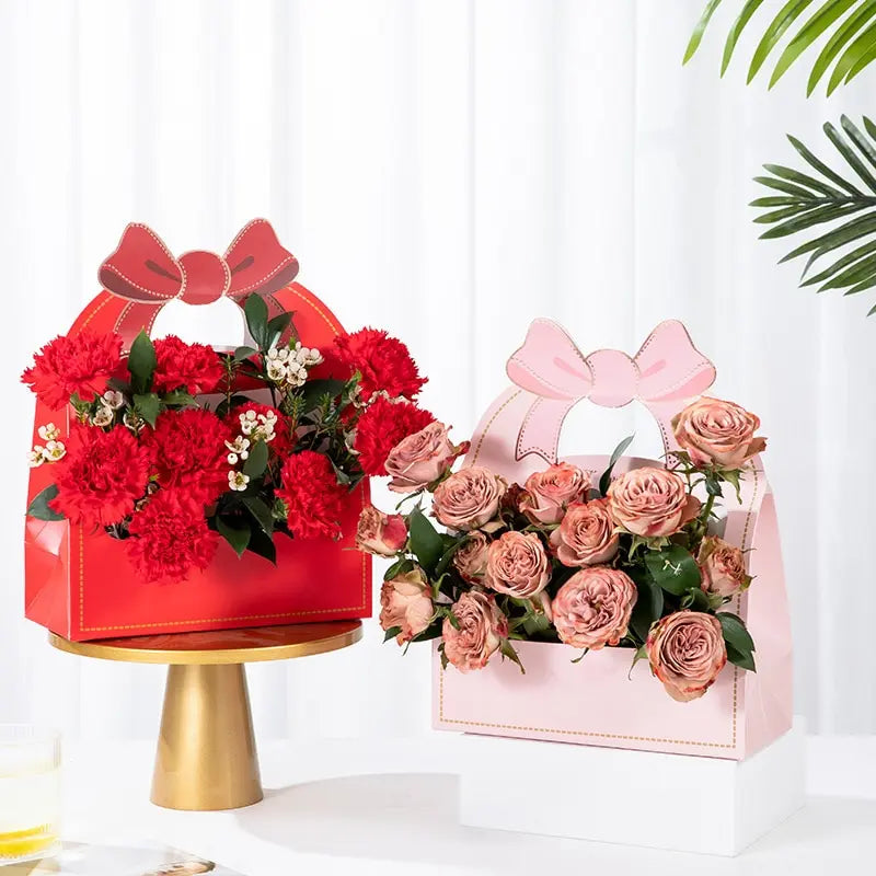 Portable Flower Box with Knot Handle Florist Rose Bouquet Packaging Box Valentine's Day Mother's Day Birthday Party Gift Bag