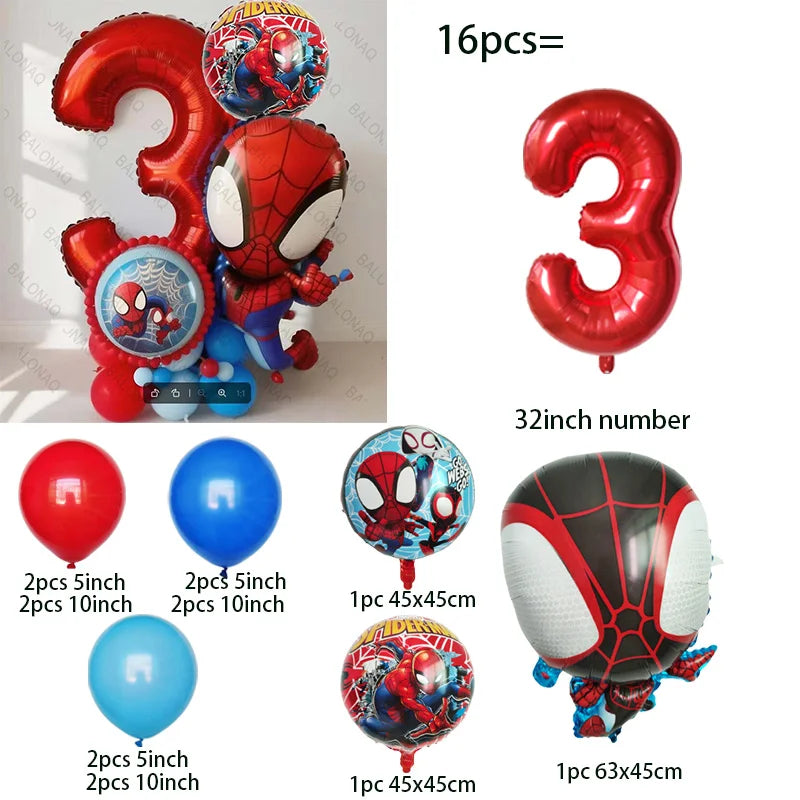 16pcs Spidey and His Amazing Friends Balloons Set Red Spiderman Aluminum Foil Balloon for Birthday Baby Shower Kids Toys Gifts