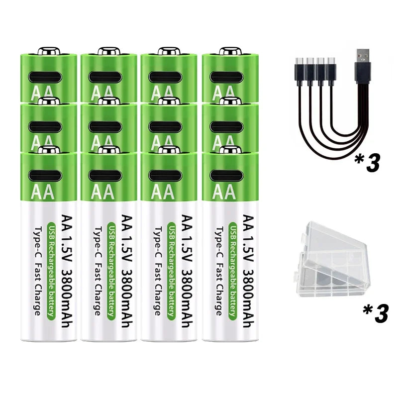 Brand New Li-ion AA Rechargeable Batteries USB Lithium-ion 3800mAh 1.5V AA Rechargeable Batteries+ Data Cable and Storage Box