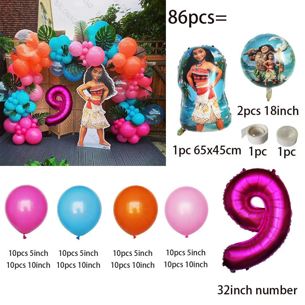 86PCS Ocean Adventures Moana Balloon Column Set 32inch Pink Number Daisy Foil Globos 1-9st Girl Birthday Party Home Decorations