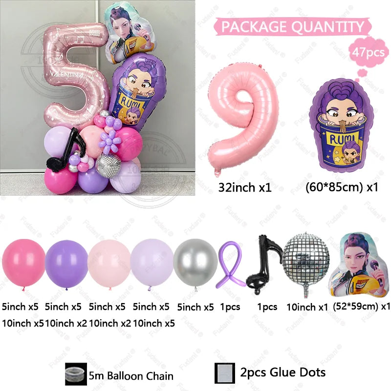 47Pcs Kpop Demon Hunters Theme Girl Birthday Balloon Decoration Number Ballons Party Supplies Baby Shower Gifts