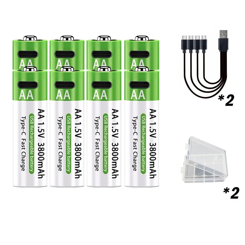 Brand New Li-ion AA Rechargeable Batteries USB Lithium-ion 3800mAh 1.5V AA Rechargeable Batteries+ Data Cable and Storage Box