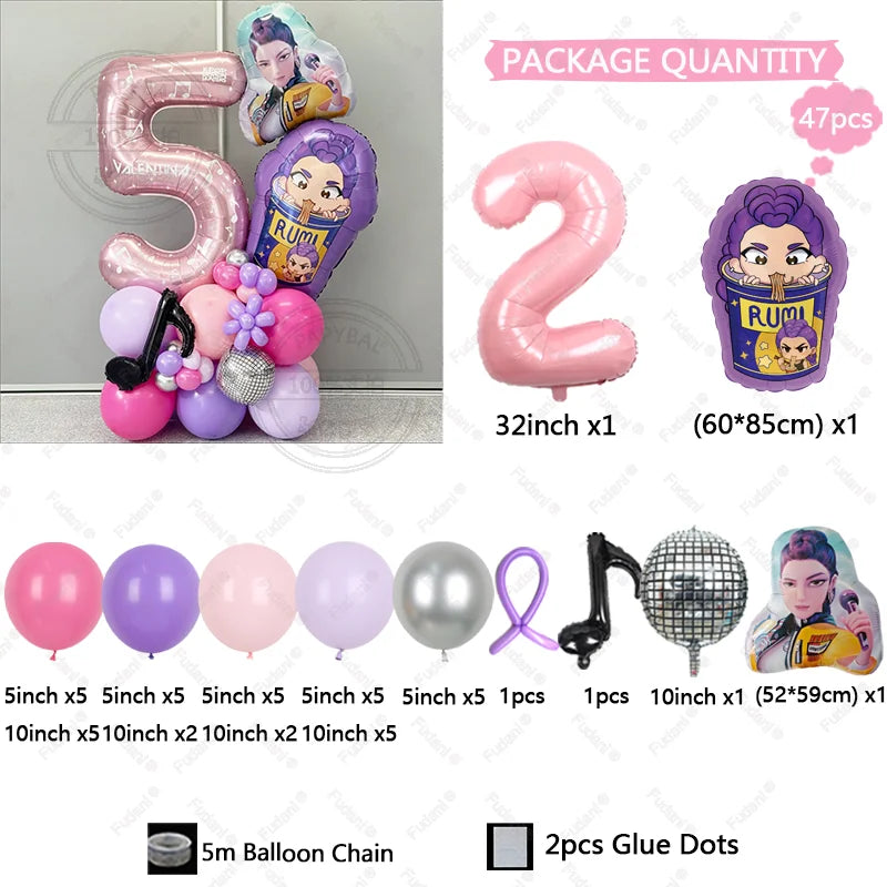 47Pcs Kpop Demon Hunters Theme Girl Birthday Balloon Decoration Number Ballons Party Supplies Baby Shower Gifts