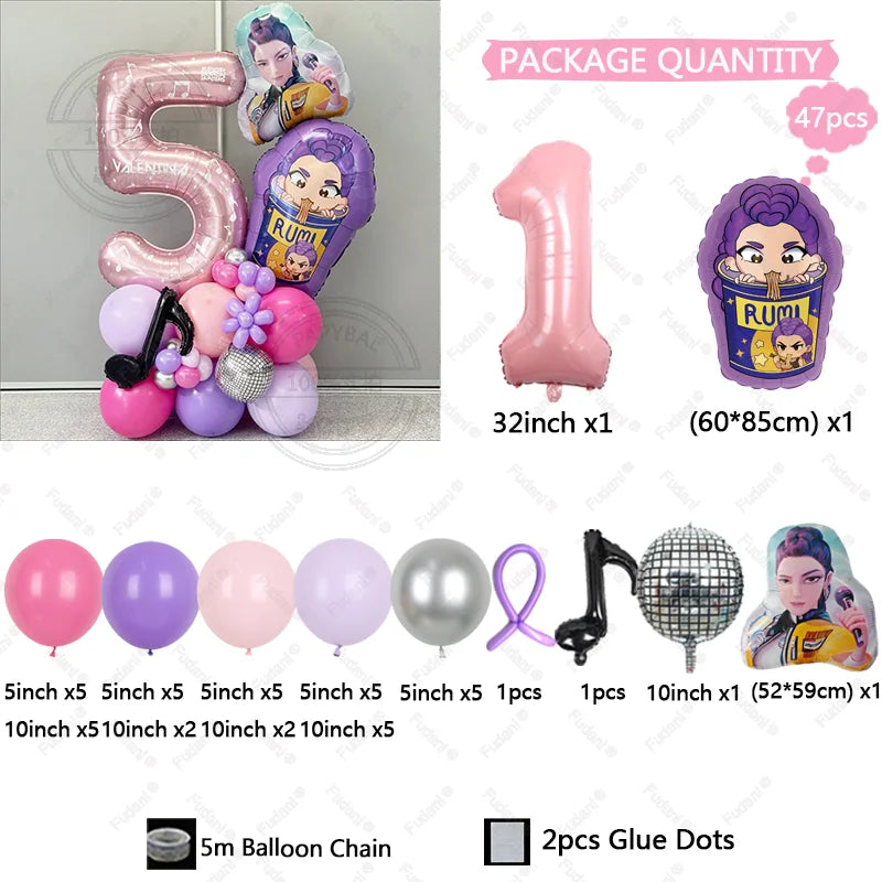 47Pcs Kpop Demon Hunters Theme Girl Birthday Balloon Decoration Number Ballons Party Supplies Baby Shower Gifts