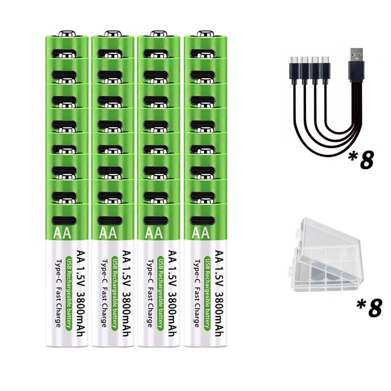 Brand New Li-ion AA Rechargeable Batteries USB Lithium-ion 3800mAh 1.5V AA Rechargeable Batteries+ Data Cable and Storage Box