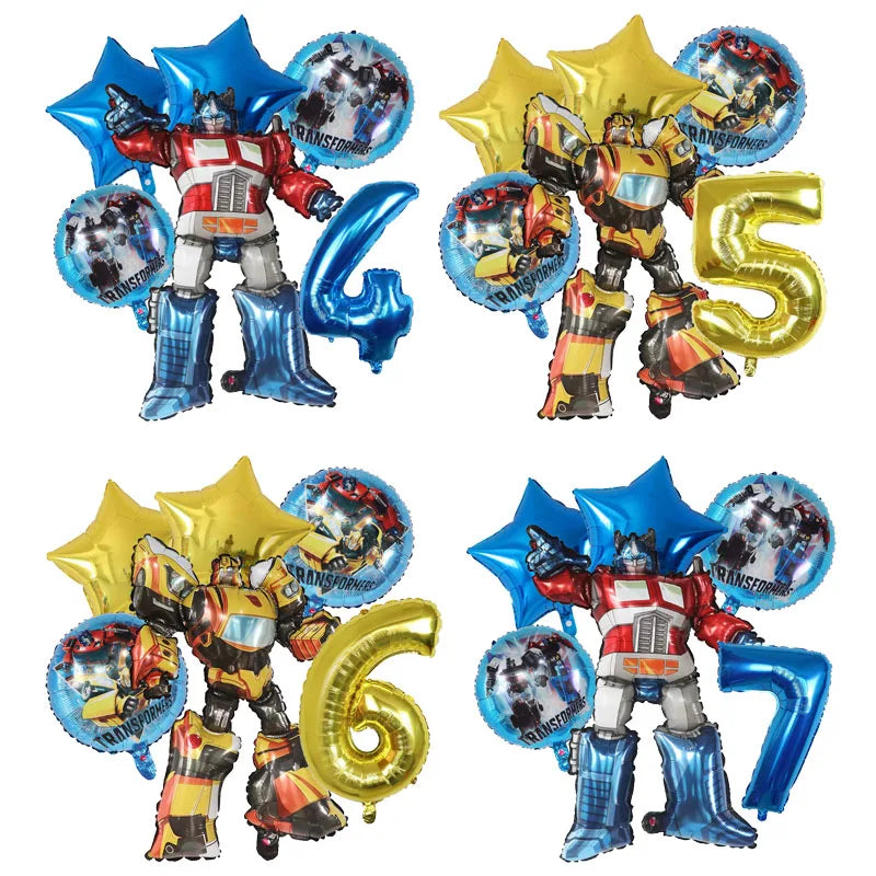 6Pcs Transform Foil Balloons Bee Birthday Theme Party Decoration Baby Shower Supplies Boy Kids Cars Robot Kids Toys Air Globos