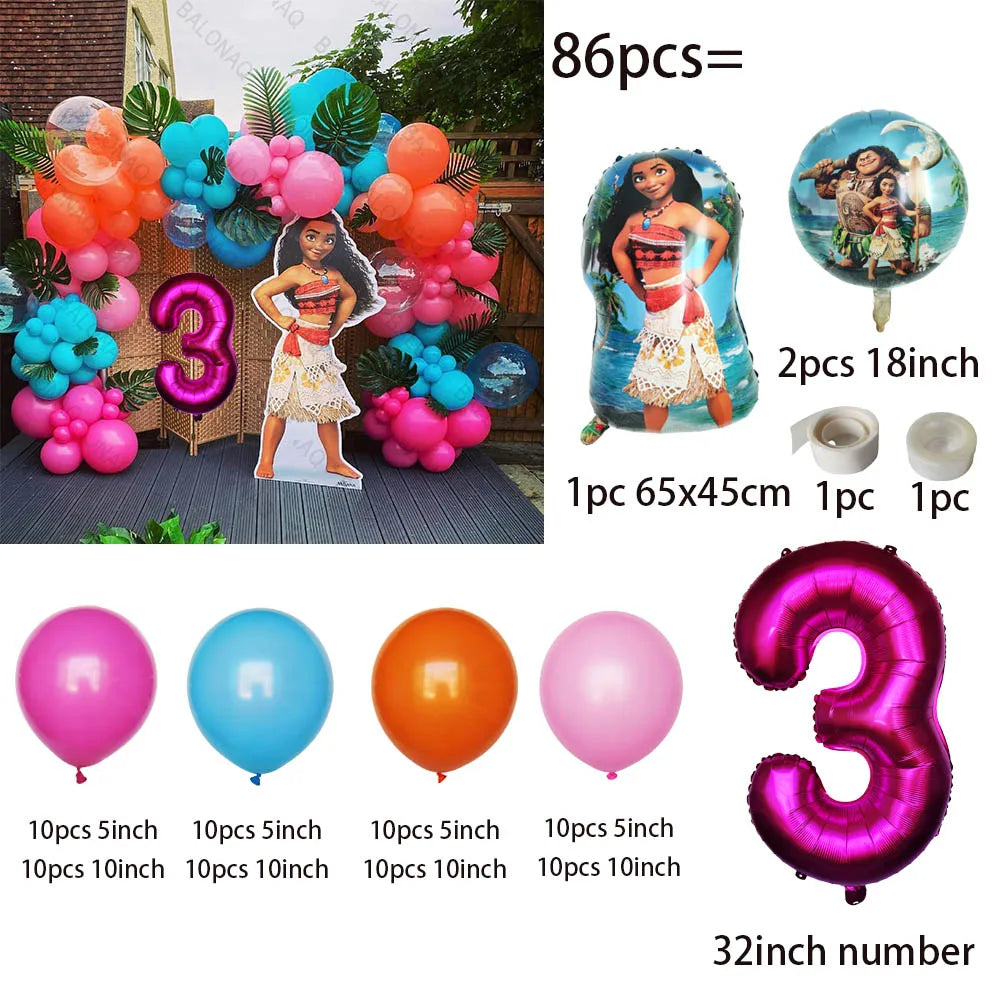 86PCS Ocean Adventures Moana Balloon Column Set 32inch Pink Number Daisy Foil Globos 1-9st Girl Birthday Party Home Decorations