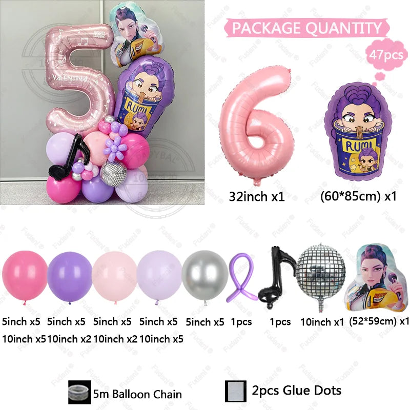 47Pcs Kpop Demon Hunters Theme Girl Birthday Balloon Decoration Number Ballons Party Supplies Baby Shower Gifts