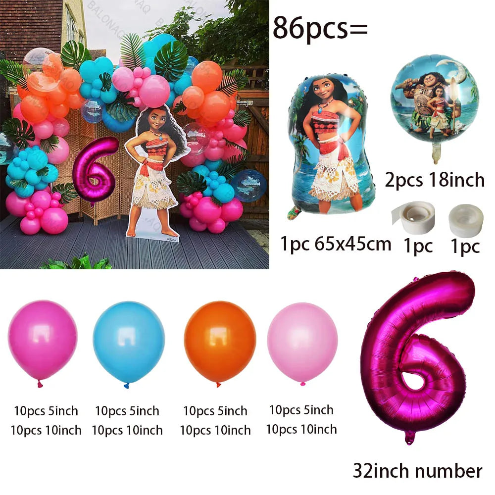 86PCS Ocean Adventures Moana Balloon Column Set 32inch Pink Number Daisy Foil Globos 1-9st Girl Birthday Party Home Decorations