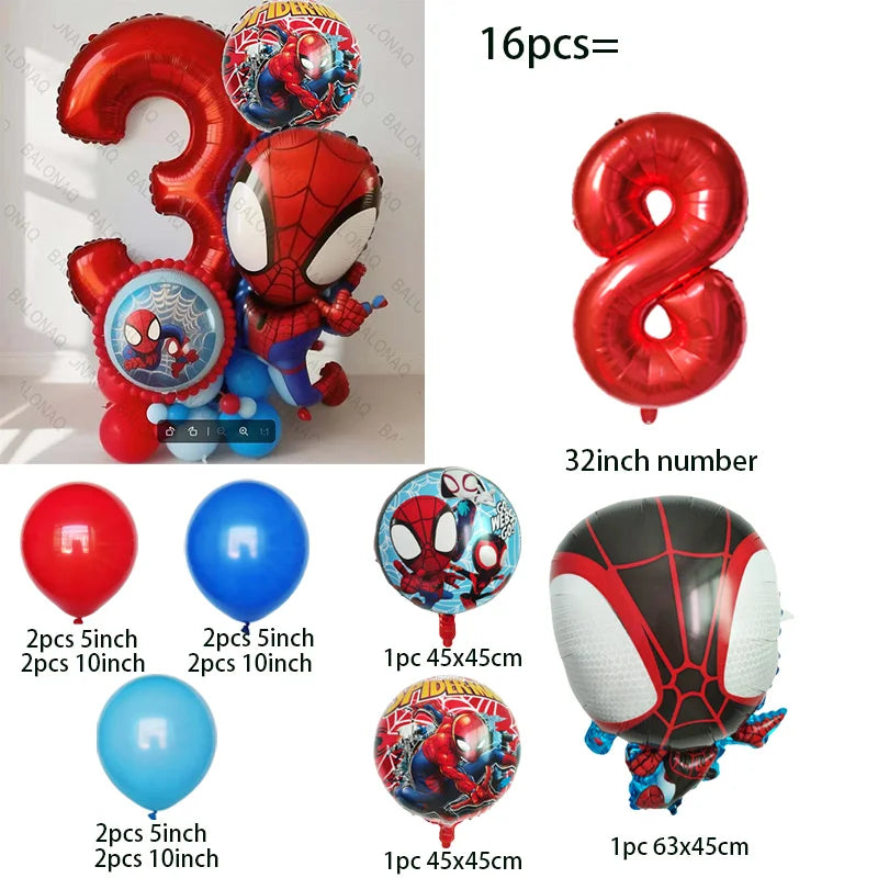 16pcs Spidey and His Amazing Friends Balloons Set Red Spiderman Aluminum Foil Balloon for Birthday Baby Shower Kids Toys Gifts