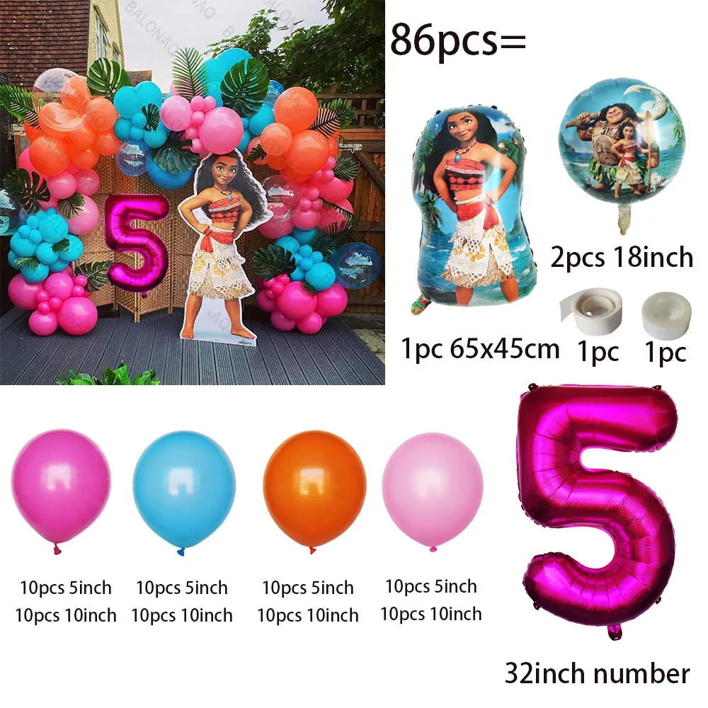 86PCS Ocean Adventures Moana Balloon Column Set 32inch Pink Number Daisy Foil Globos 1-9st Girl Birthday Party Home Decorations