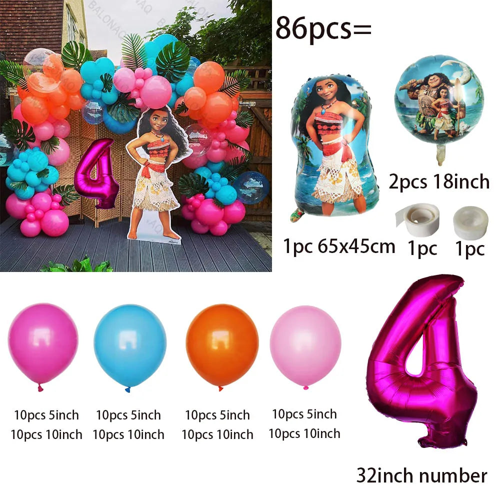 86PCS Ocean Adventures Moana Balloon Column Set 32inch Pink Number Daisy Foil Globos 1-9st Girl Birthday Party Home Decorations
