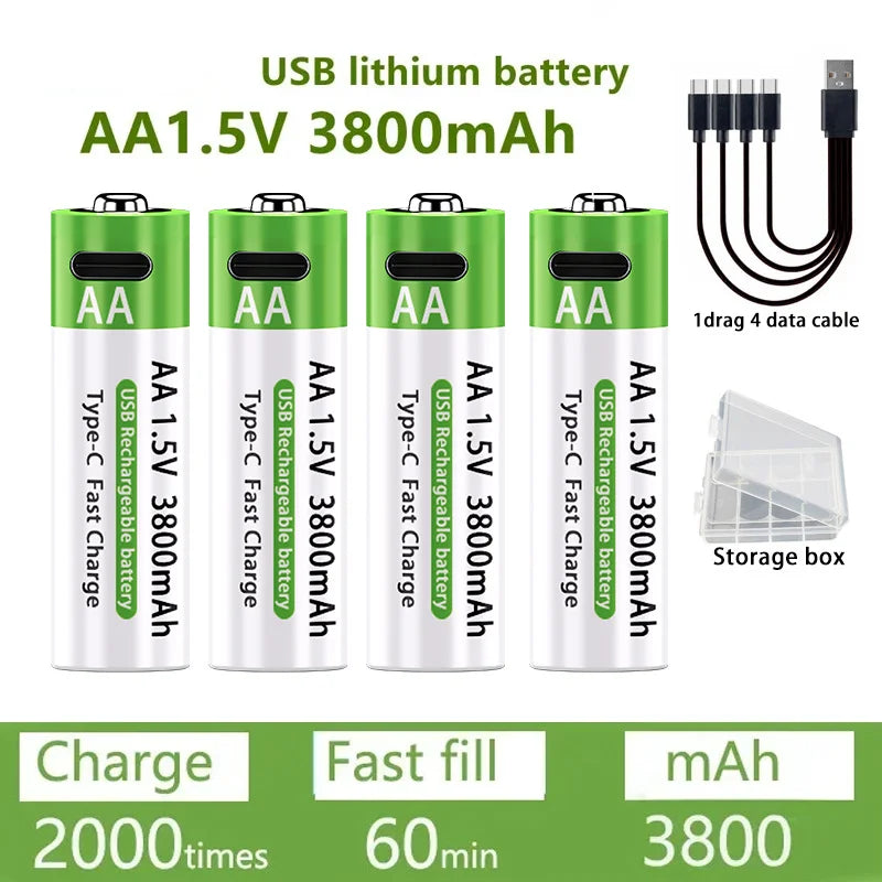 Brand New Li-ion AA Rechargeable Batteries USB Lithium-ion 3800mAh 1.5V AA Rechargeable Batteries+ Data Cable and Storage Box