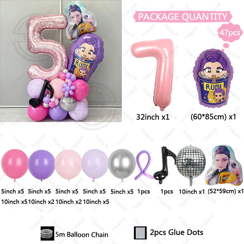 47Pcs Kpop Demon Hunters Theme Girl Birthday Balloon Decoration Number Ballons Party Supplies Baby Shower Gifts