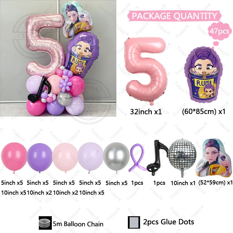 47Pcs Kpop Demon Hunters Theme Girl Birthday Balloon Decoration Number Ballons Party Supplies Baby Shower Gifts