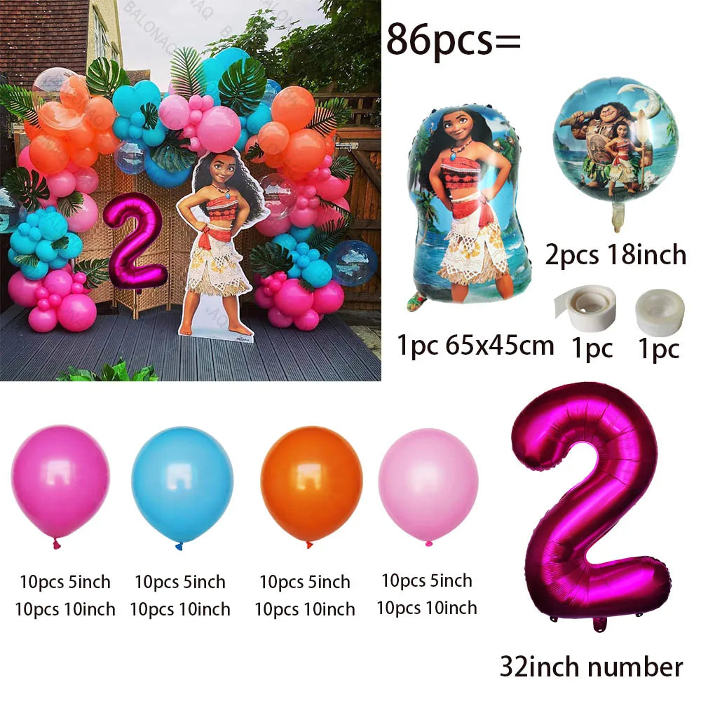 86PCS Ocean Adventures Moana Balloon Column Set 32inch Pink Number Daisy Foil Globos 1-9st Girl Birthday Party Home Decorations