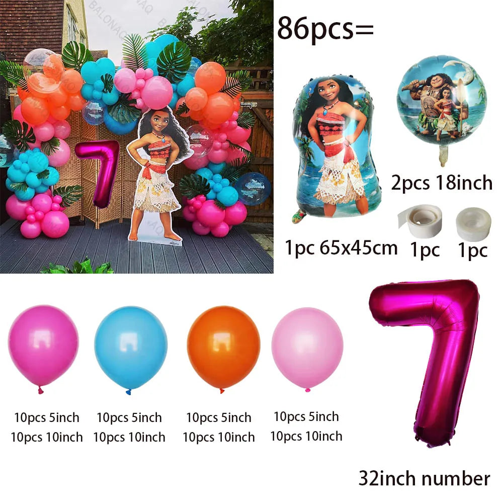 86PCS Ocean Adventures Moana Balloon Column Set 32inch Pink Number Daisy Foil Globos 1-9st Girl Birthday Party Home Decorations
