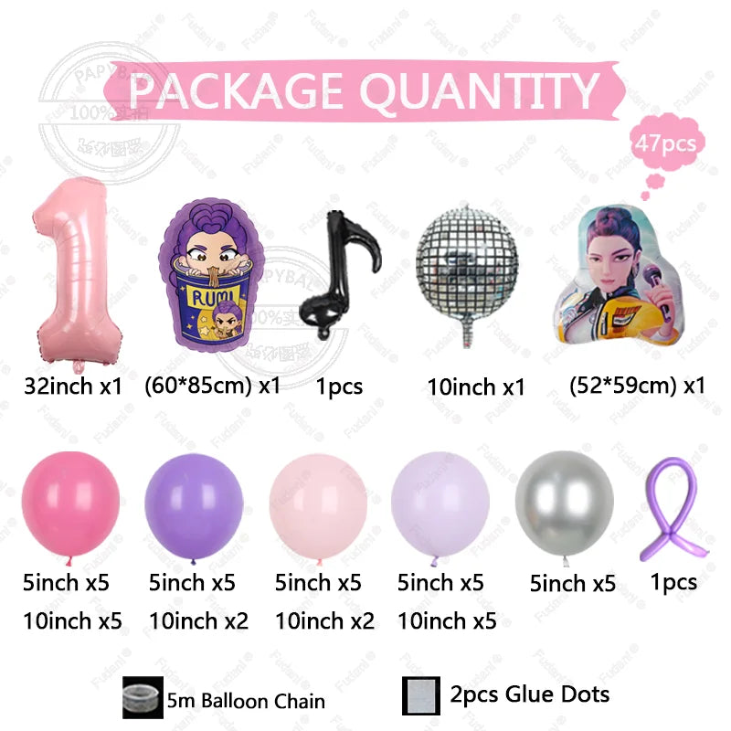 47Pcs Kpop Demon Hunters Theme Girl Birthday Balloon Decoration Number Ballons Party Supplies Baby Shower Gifts