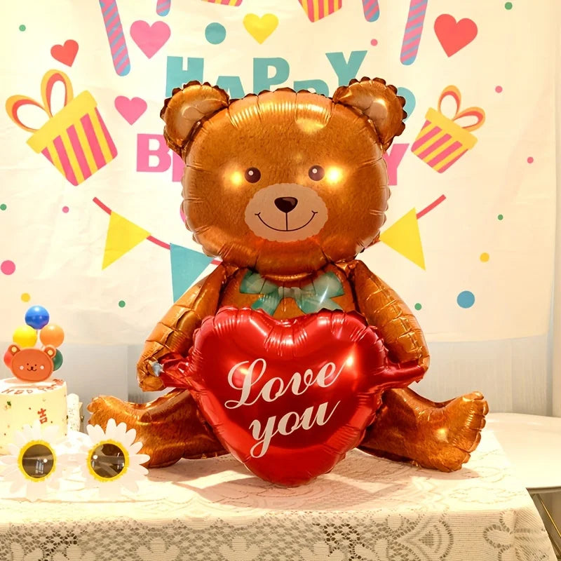 Unique Standing Teddy Bear Balloon & Love Heart Foil Balloon for Proposal, Valentine's Day, Holiday, Birthday Party Decoration