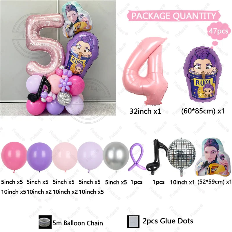47Pcs Kpop Demon Hunters Theme Girl Birthday Balloon Decoration Number Ballons Party Supplies Baby Shower Gifts