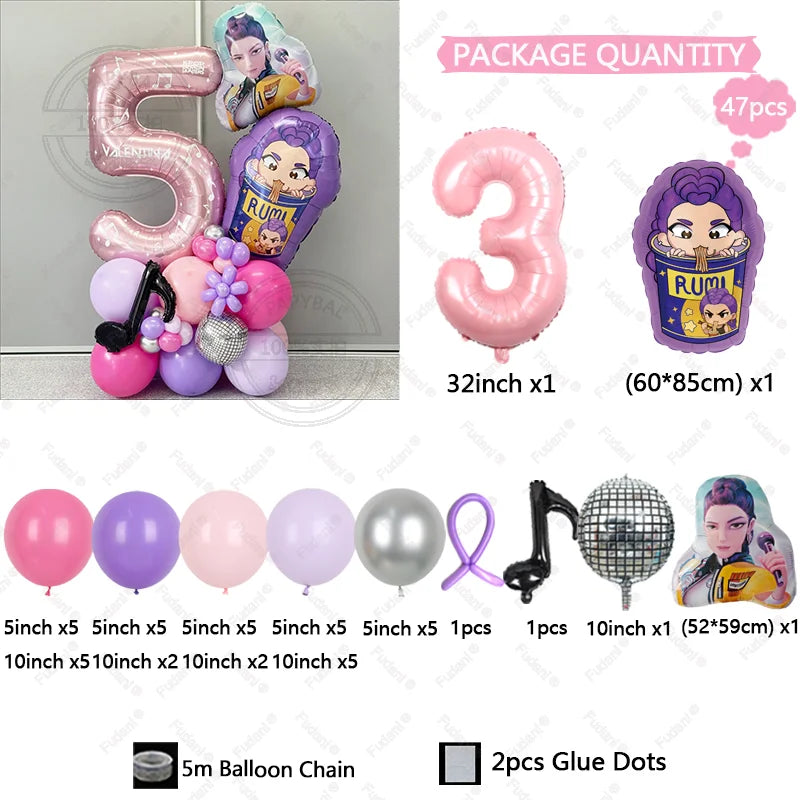 47Pcs Kpop Demon Hunters Theme Girl Birthday Balloon Decoration Number Ballons Party Supplies Baby Shower Gifts