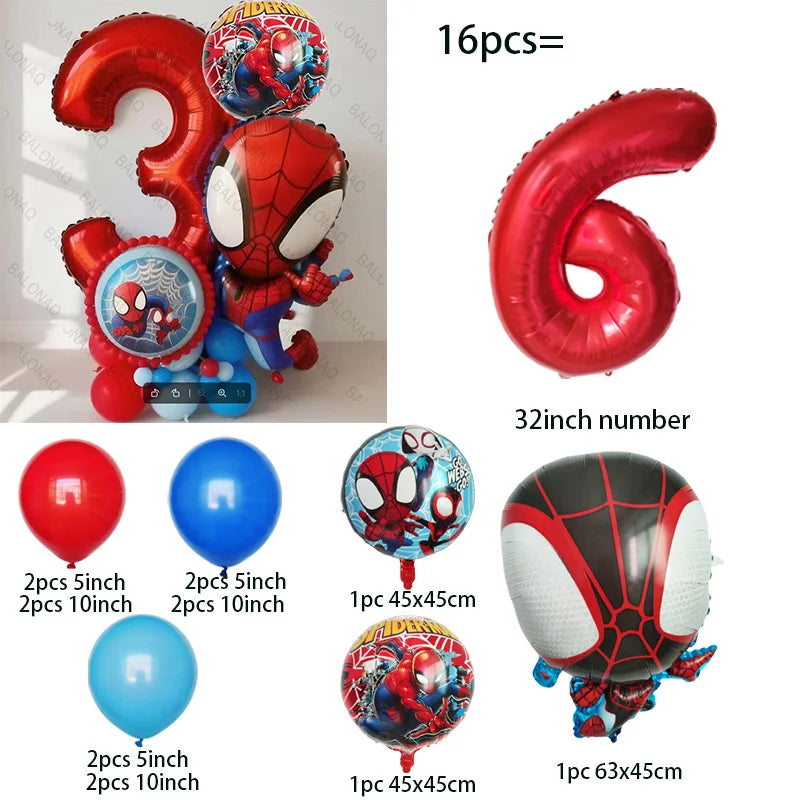 16pcs Spidey and His Amazing Friends Balloons Set Red Spiderman Aluminum Foil Balloon for Birthday Baby Shower Kids Toys Gifts