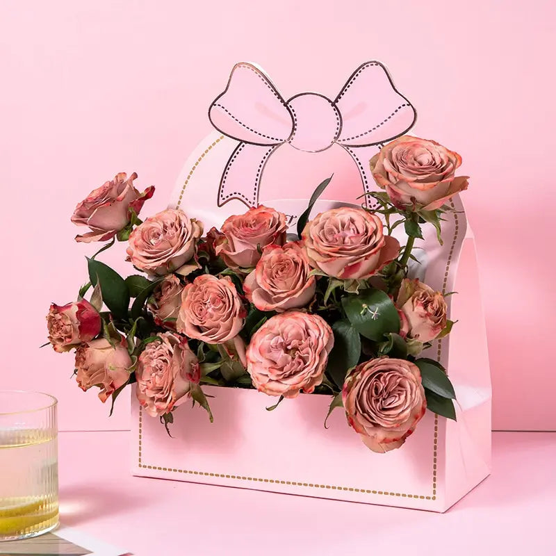 Portable Flower Box with Knot Handle Florist Rose Bouquet Packaging Box Valentine's Day Mother's Day Birthday Party Gift Bag