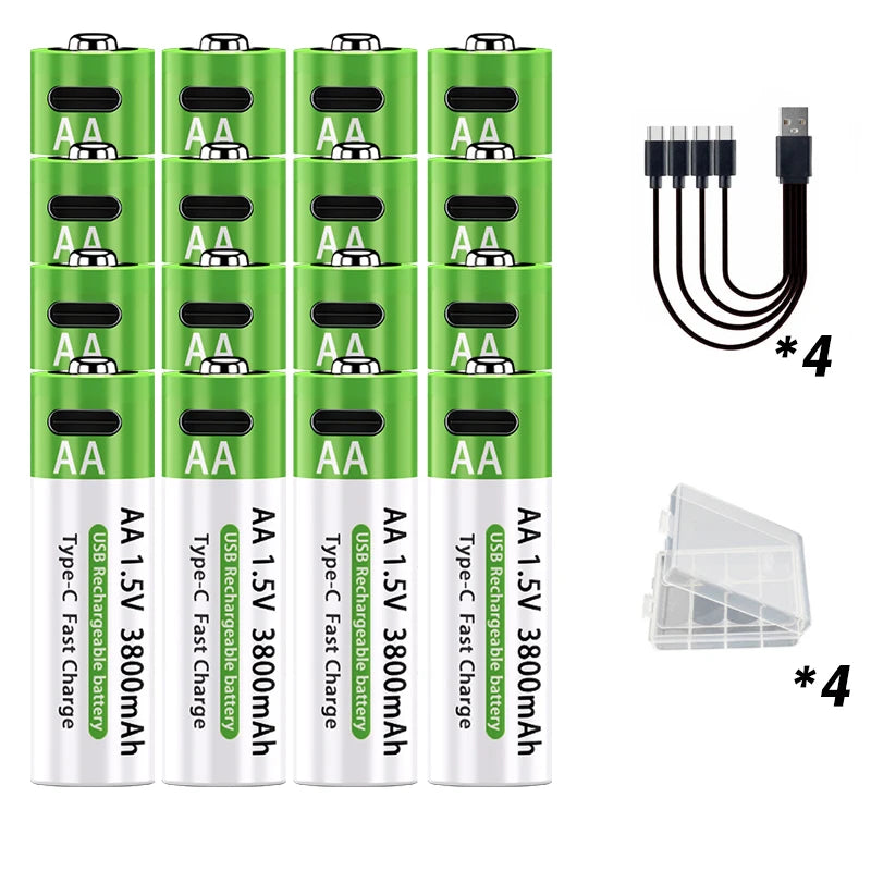 Brand New Li-ion AA Rechargeable Batteries USB Lithium-ion 3800mAh 1.5V AA Rechargeable Batteries+ Data Cable and Storage Box